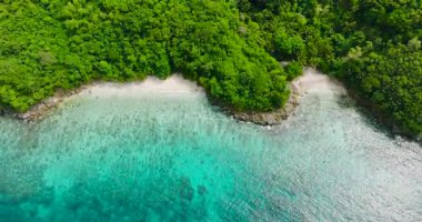 Plaj manzarası ve Alad Adası 'nda güneş yansıması olan berrak su. Romblon, Filipinler.