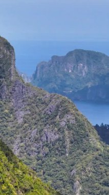 Filipinler, El Nido 'da kireçtaşı kayalıkları olan manzaralı bir dağ. Palawan 'da. Dikey görünüm.
