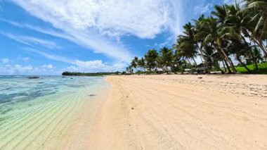 Sahil boyunca uzanan eğimli palmiye ağaçlarıyla sığ ve berrak suların yanında geniş kumlu bir sahil. Siargao, Filipinler.