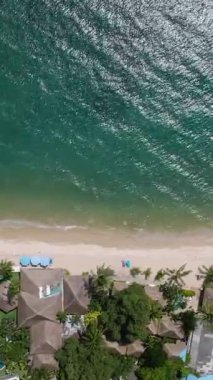 Tropikal yeşillik ve turkuaz sularla çevrili tenha kumlu bir sahil. Ko Samui, Tayland.