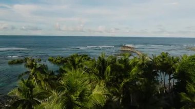 Okyanus dalgaları ve suda sörfçülerin olduğu yeşil hindistan cevizi ağaçları. Bulut 9 Sörf Alanı. Siargao, Filipinler.