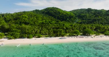 Beyaz kumlu ve balıkçı tekneli güzel bir sahil. Cobrador Adası. Romblon, Filipinler.