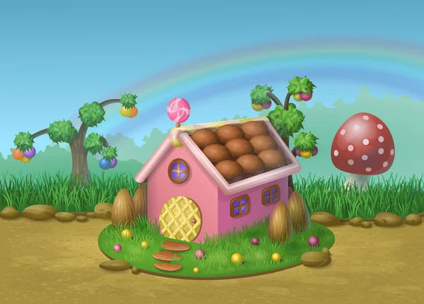 Tanımlama bilgileri ve çayırlar ve şeker ağaçları bir arka plan üzerine şeker tatlı evi