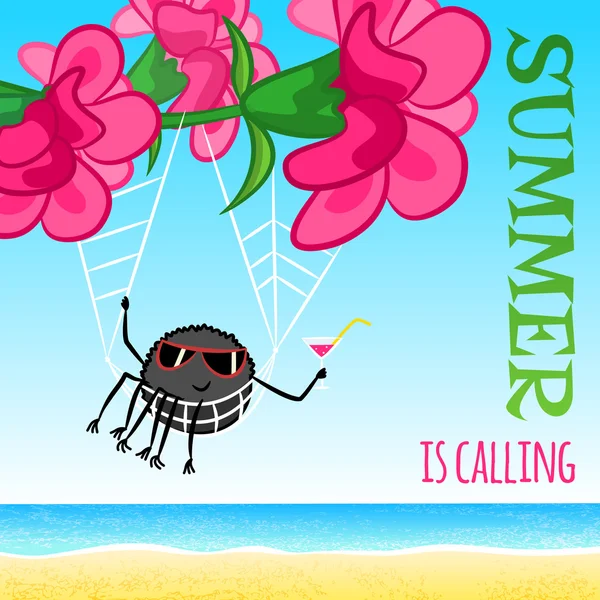 Summer is calling - vector funny cartoon card - Stok Vektor