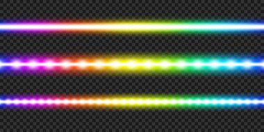 Rainbow neon lights vector illustration. Horizontal straight led lamps, gradient light effect with transparency