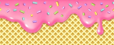 Waffle dokusuna serpiştirilmiş pembe jöle. Vektör gerçekçi arka plan. Pasta kreması ya da eriten dondurma bg.