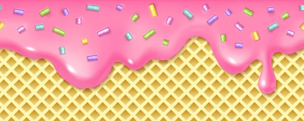 Waffle dokusuna serpiştirilmiş pembe jöle. Vektör gerçekçi arka plan. Pasta kreması ya da eriten dondurma bg.
