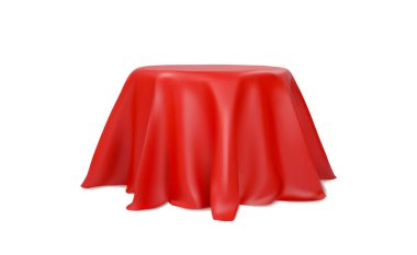 Kırmızı kumaş temsili ile kaplı podyum. İpek kumaşlı yaya taşı. Gerçekçi romantik masa örtüsü.