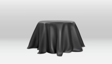 Siyah kumaş podyum gerçekçi vektör çizimini kapsıyor. Masa örtüsü ya da ipek kaplı kaidesi olan masa