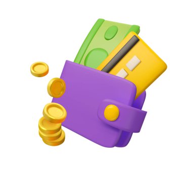 Para ve kart içeren vektör üç boyutlu cüzdan. Yeşil banknot, kredi kartı ve altın sikkeler mor çizgi film cüzdanında.