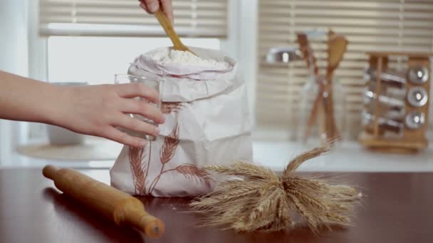 Ingrédients de cuisson maison. Chef met de la farine dans un verre. Accueil ingrédients de cuisson — Video