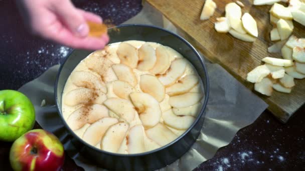 Stendere la polvere di cannella sulla torta di mele. Fare torta di mele dolci — Video Stock