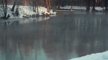 Kış nehir. Nehir kış Park üzerinden sis. Kış manzarası. Puslu Nehri