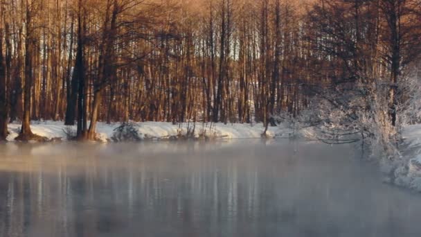 Winter wonderland. Winter landscape. Fog over forest river in winter