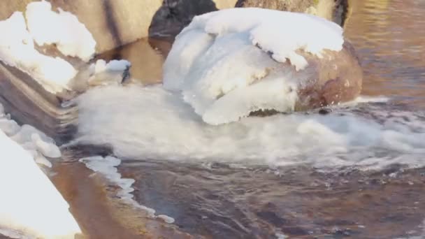 Flowing water. Closeup. Ice covered stone. Close up. Winter river — Stock Video