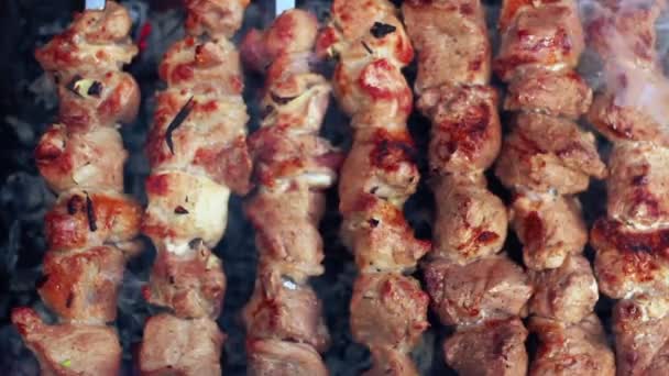 Grilling food on mangal. Rotate skewers with roasted meat. Prepared food. Macro — Stock Video