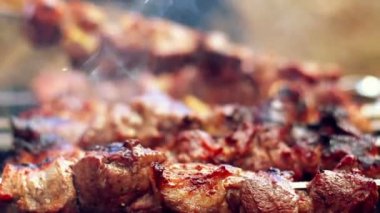 Odun kömür ızgara barbekü et. Adam şiş döner. Izgara gıda