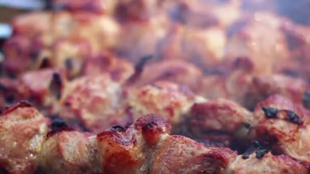 バーベキュー肉を炭で焼きます。おいしい焼き肉。クローズ アップ。豚の肉 — ストック動画