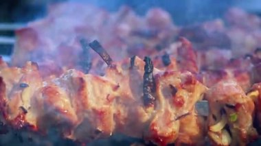 Et odun kömür açık ızgara. Portre. Sıcak şiş kebap üzerinde duman