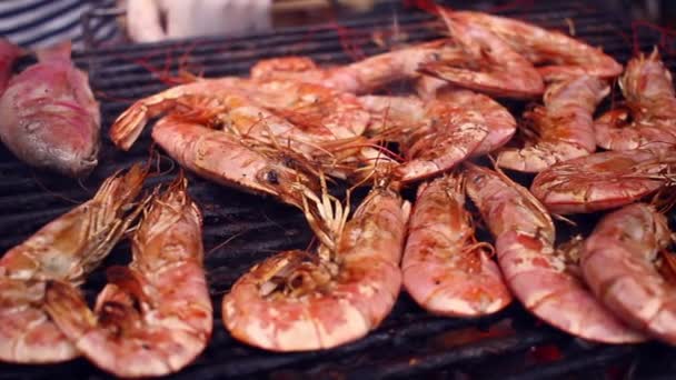 Panorama of grilled red shrimps and other seafood on barbecue. — Stock Video