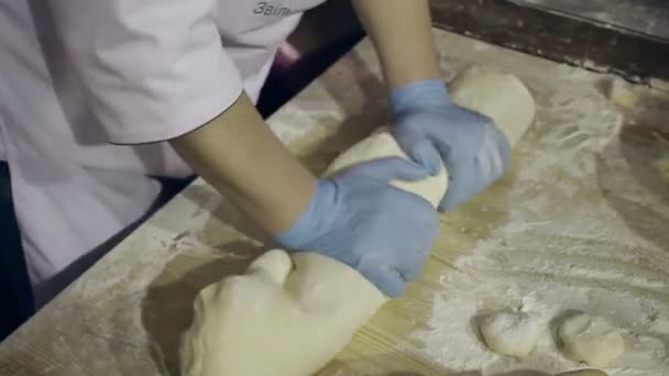 Faire de la pâte à la cuisine. Chef mains pétrissant la pâte. Les mains forment la pâte crue — Video