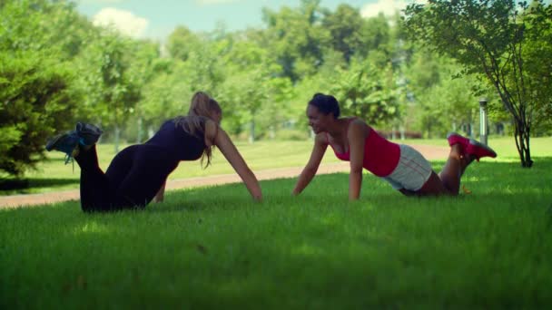 Faz exercício físico. Mulheres Fitness fazendo push-ups exercício ao ar livre — Vídeo de Stock