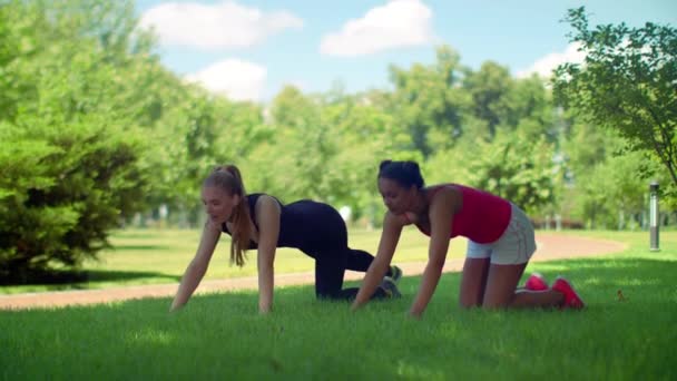 推式 ups 行使。做俯卧撑锻炼的年轻妇女 — 图库视频影像