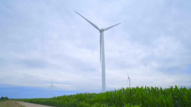 Turbinas eólicas en campo verde. Paisaje rural con aerogeneradores — Vídeo de stock