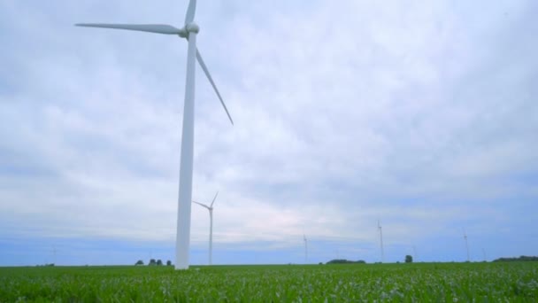 Wind generator at cloudy weather. Wind generator on green field — 비디오