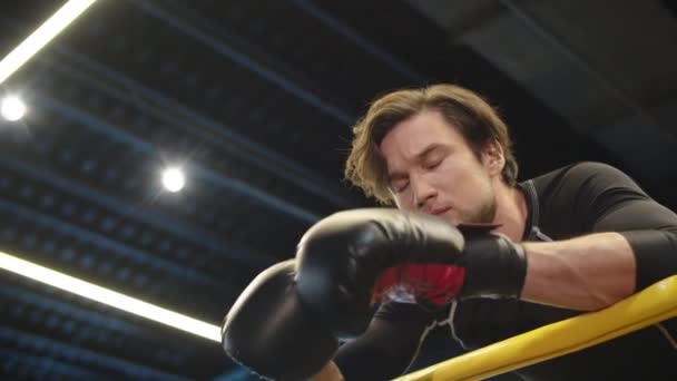 Homme en forme sérieux regardant la caméra dans le club de sport. Boxer mâle de retour sur anneau — Video