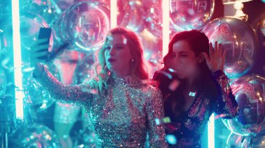 Kulüpte video çeken sevimli kızlar. Kız arkadaşlar partide selfie çekiyorlar.