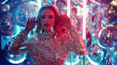 Sarışın kadın konfeti altında kalp işareti gösteriyor. Kulüpte oynayan kız.