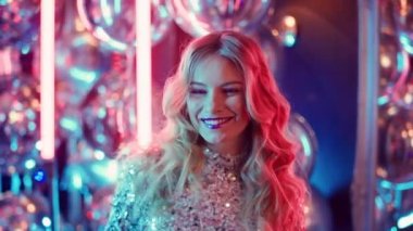 Partide dans eden sarışın kız. Gece kulübünde göz kırpan tatlı bir kadın.