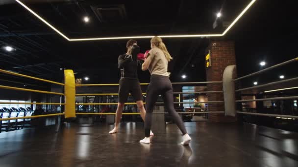 Kvinnlig boxerträning på boxningsring. Passform kvinna och tränare tränar på gym — Stockvideo