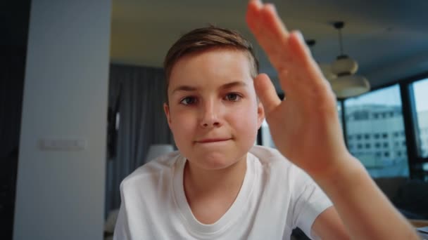 Розумний хлопчик піднімається рукою під час онлайн-освіти. Забавна дитина вчиться вдома . — стокове відео