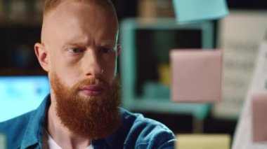 Odaklanmış hipster adam iş yerinde beyin fırtınası yapıyor. Yeni etiket yapıştıran adam