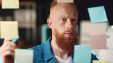 Ciddi kızıl saçlı işadamı ofisteki şeffaf duvardaki çıkartmalara yazı yazıyor..