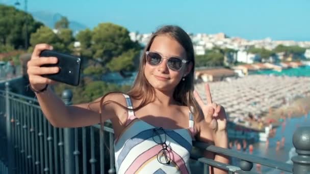 Joyeuse fille ayant appel vidéo en plein air. Adolescent profiter de la journée d'été à la côte — Video