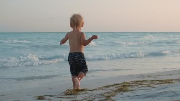 Szczęśliwy chłopczyk biegający na wybrzeżu. Mama z dzieckiem korzystających fale morskie na plaży. — Wideo stockowe