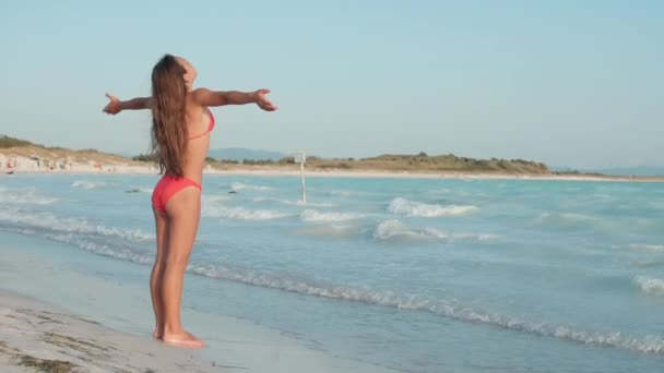 O fată drăguţă se bucură de răsărit pe ţărmul mării. Femeie în picioare la plaja de nisip . — Videoclip de stoc