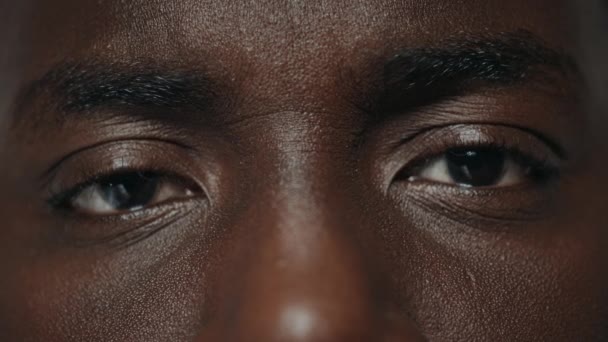 Extreme closeup surprised african american male eyes looking at camera. — Stock Video