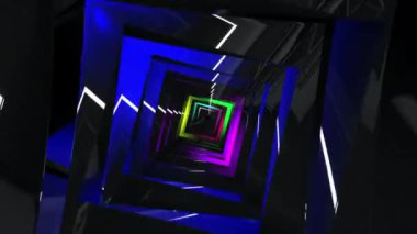 Dijital arkaplanda parlayan geometrik şekil. Neon ışıklarıyla hareket eden kare.