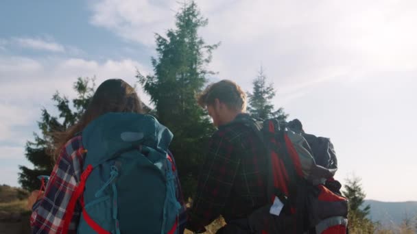 Backpackere udforsker naturen i bjergene. Alvorlige venner rejser på vej – Stock-video