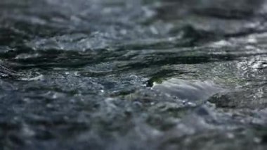 Dağ nehri su yüzeyi ağır çekimde. Nehirde dalgalar yaratıyor