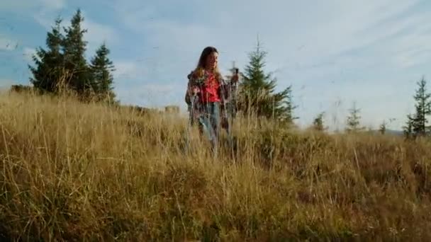 Dağlarda yürüyüş direkleri olan bir kadın. Tarlada yürüyen kadın turist — Stok video