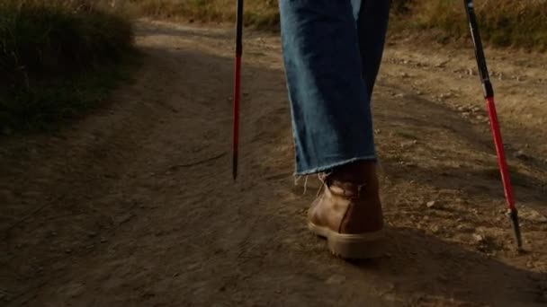 Egy ember sétál a földúton a mezőn. Férfi utazó használata túrázó oszlopok kültéri — Stock videók