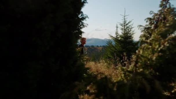Happy man trekking in de zomer bergen. Positieve wandelaar wandelen op de bergweg — Stockvideo