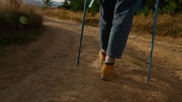 Turista en botas de senderismo caminando por el camino de tierra. Trekking de mujeres en las montañas — Vídeos de Stock