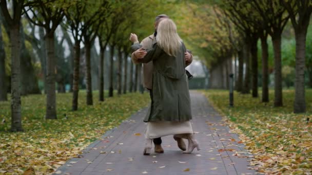 Feliz pareja mayor divirtiéndose en el parque de otoño. Personas mayores bailando al aire libre — Vídeo de stock