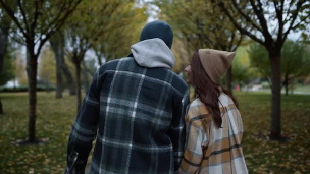 Widok wsteczny kochającej się pary spacerującej w jesiennym parku w dzień. Romantyczni kochankowie . — Wideo stockowe
